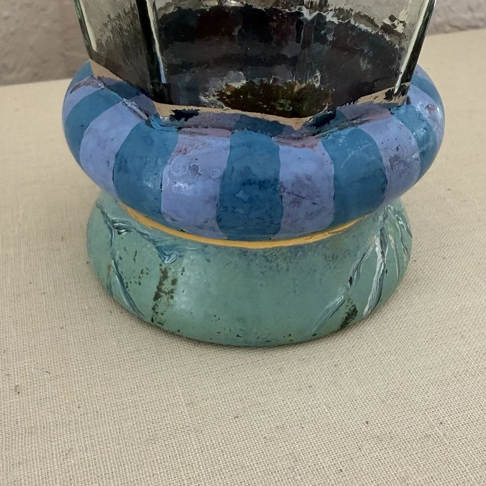 Vtg 80s 90s Mackenzie Childs Glass Cups Circus Purple Stripe Marble Octagon